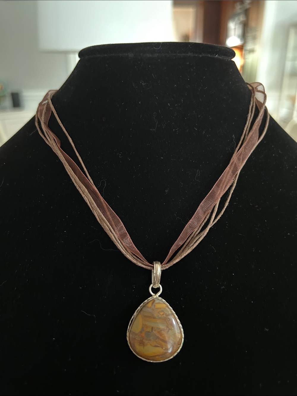 Brown Teardrop Sterling & Jasper Pendant Necklace